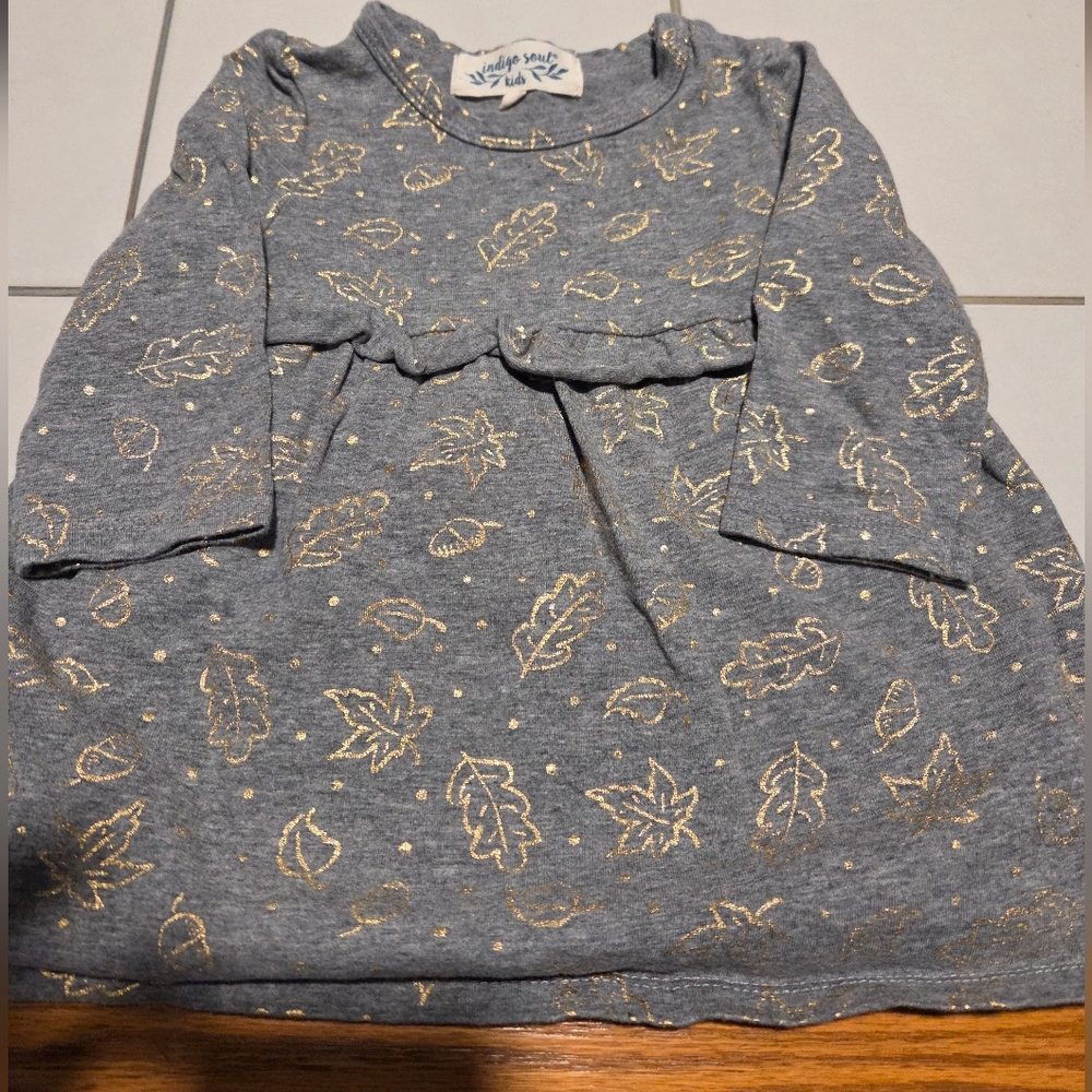 6 Month Baby Girl Indigo Soul Gray and Gold Casual Dress with Floral Pattern